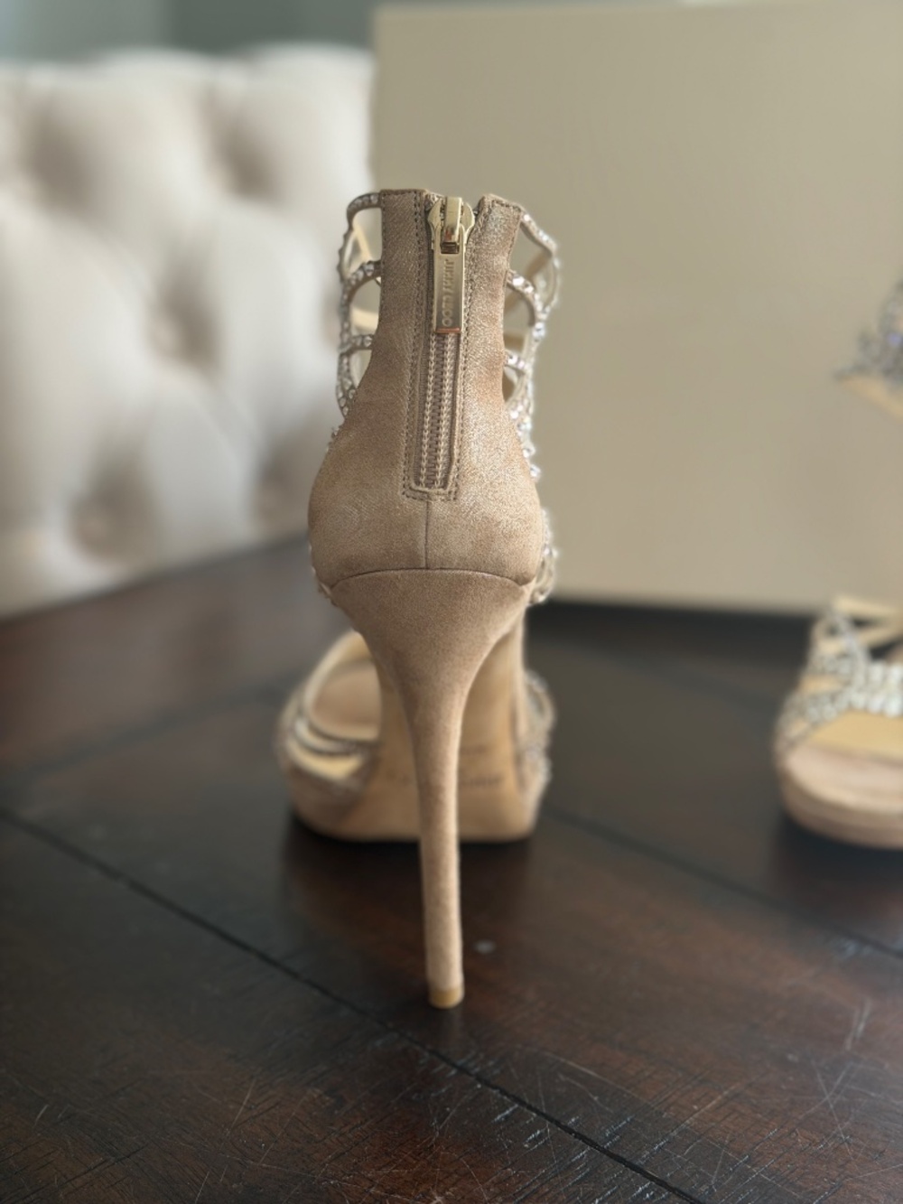 Jimmy Choo Diva Crystal Cage Sandals Sand Suede Heels Size 39 8.5 - Picture 6 of 11